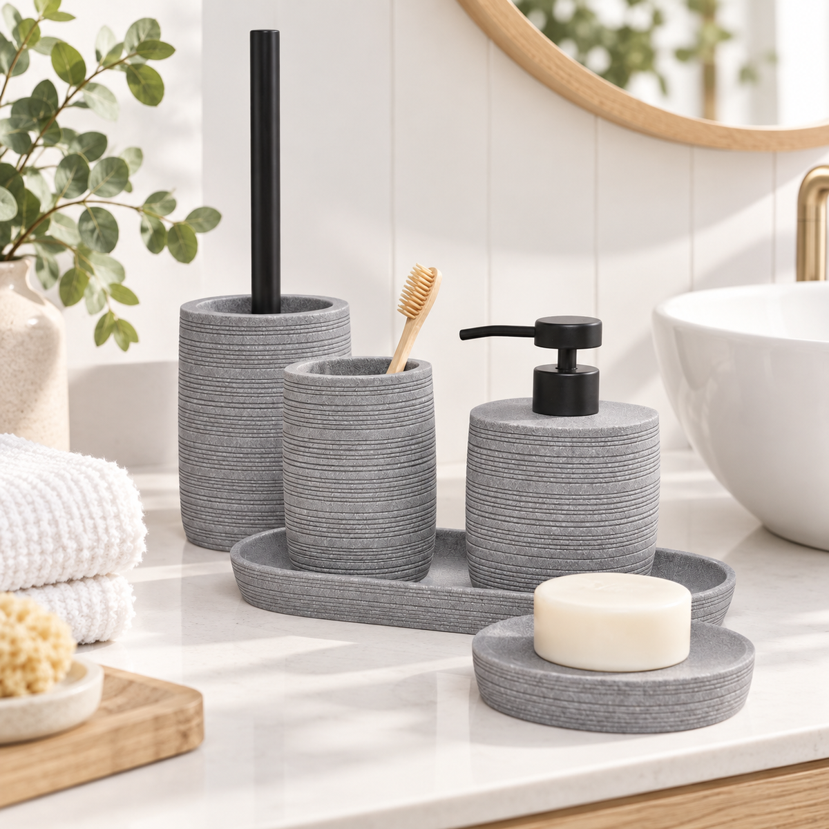 Zen 5pc Bathroom Set - Grey arranged in a bright premium home setting
