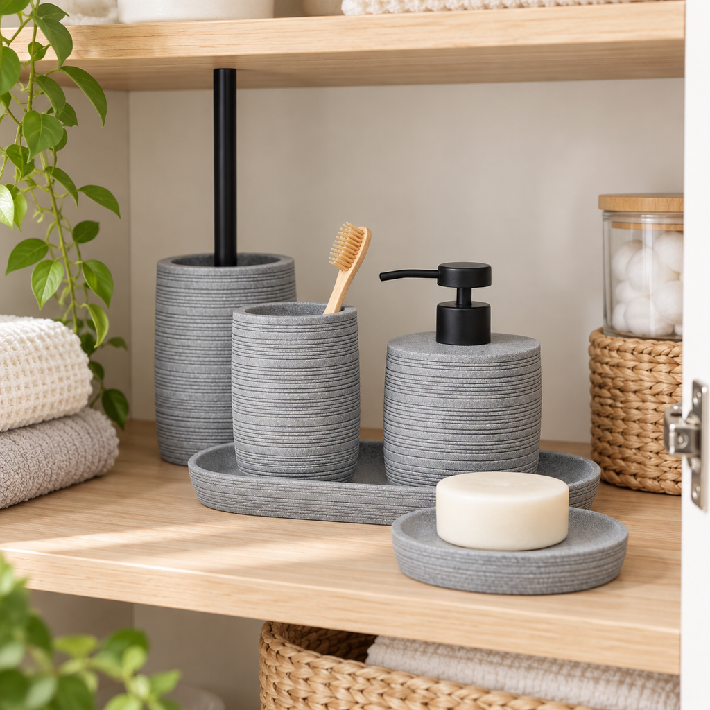 Zen 5pc Bathroom Set - Grey shown in practical organised storage
