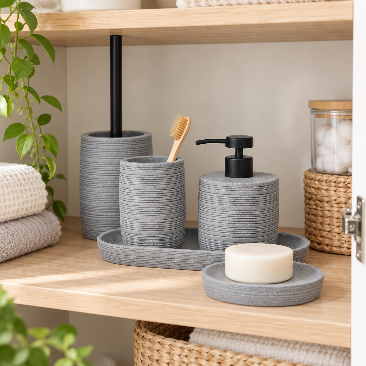 Zen 5pc Bathroom Set - Grey shown in practical organised storage