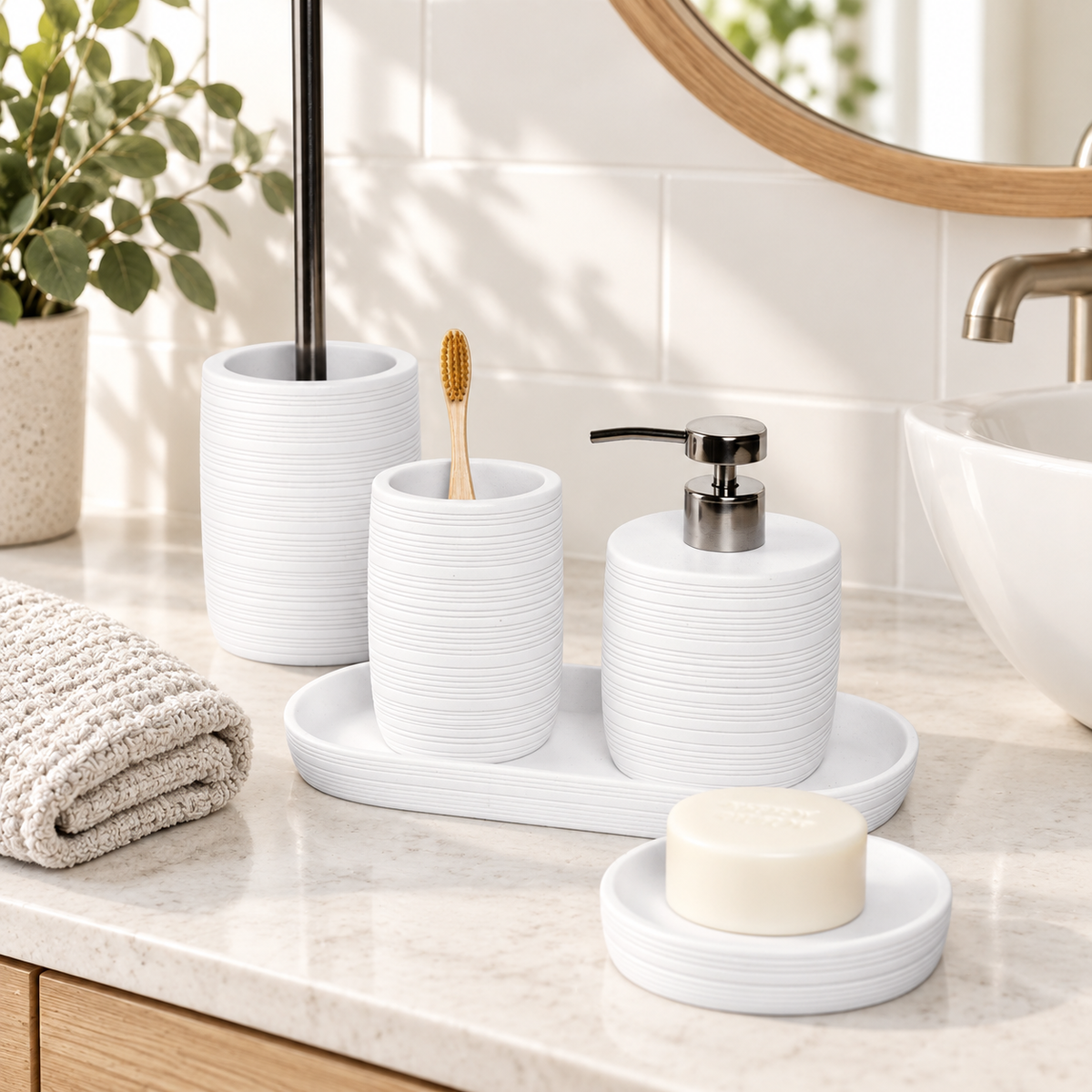 Zen 5pc Bathroom Set - White arranged in a bright premium home setting