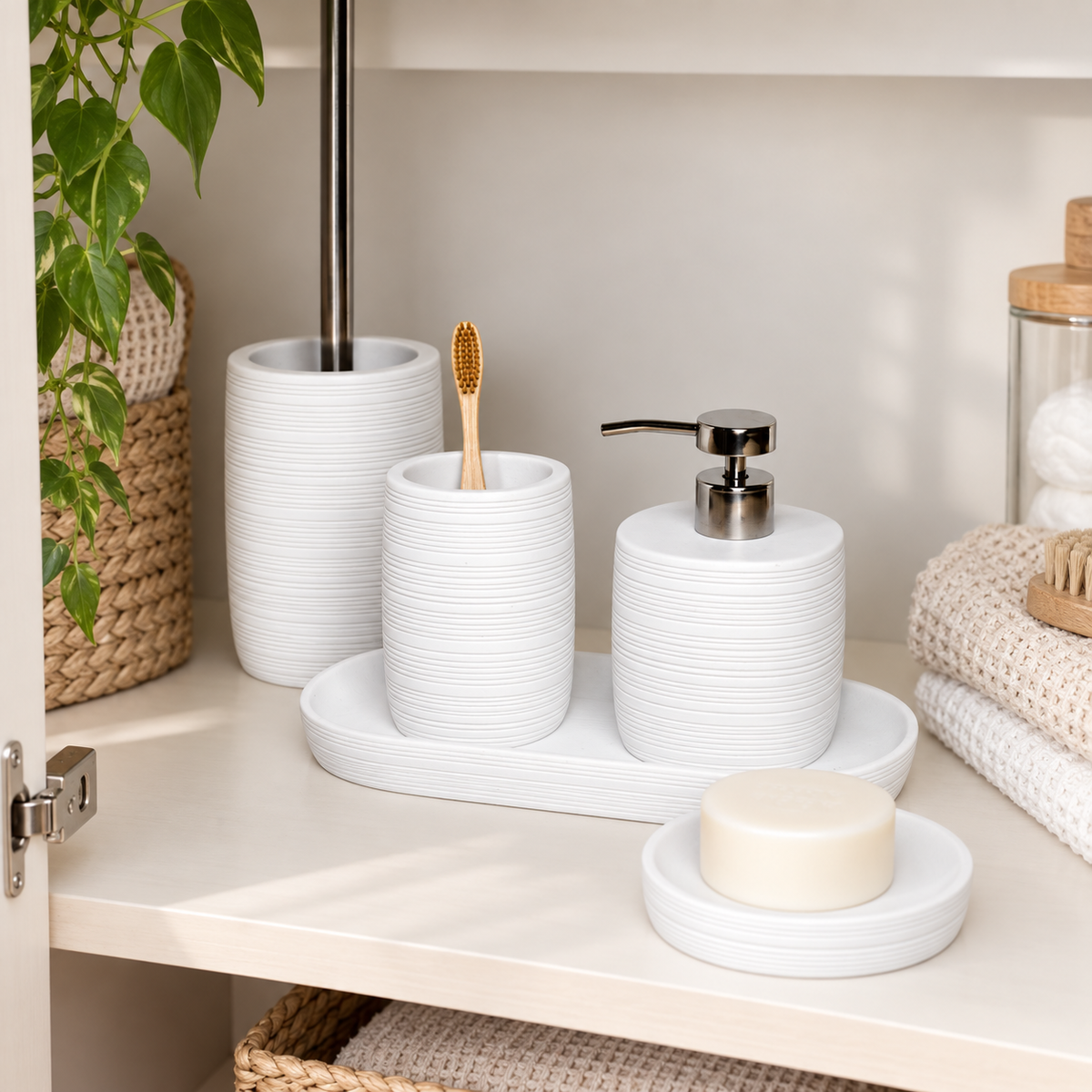 Zen 5pc Bathroom Set - White shown in practical organised storage